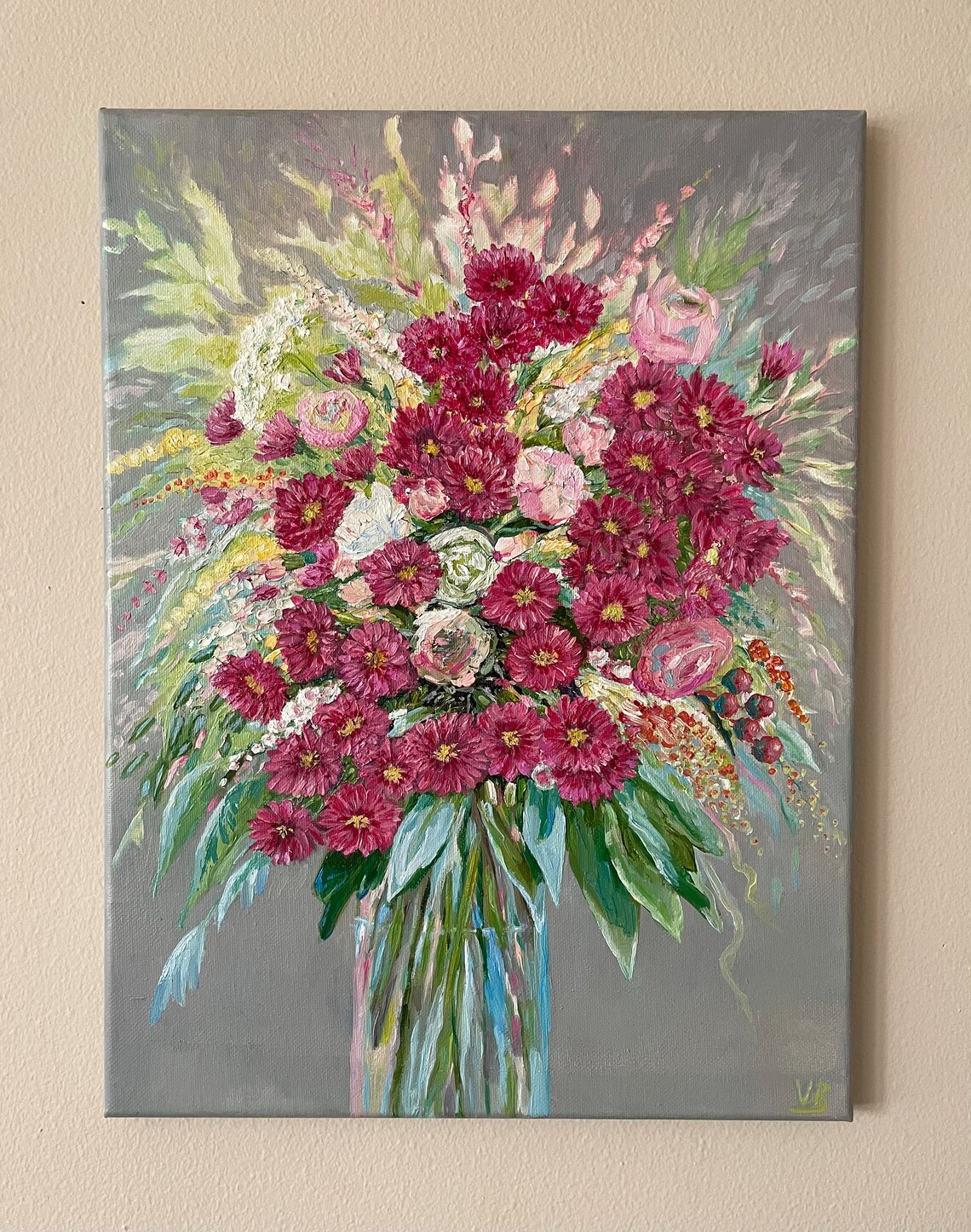 Magenta Chrysanthemum Bouquet In Glass Vase On Gray Floral Art Poster - Image 2