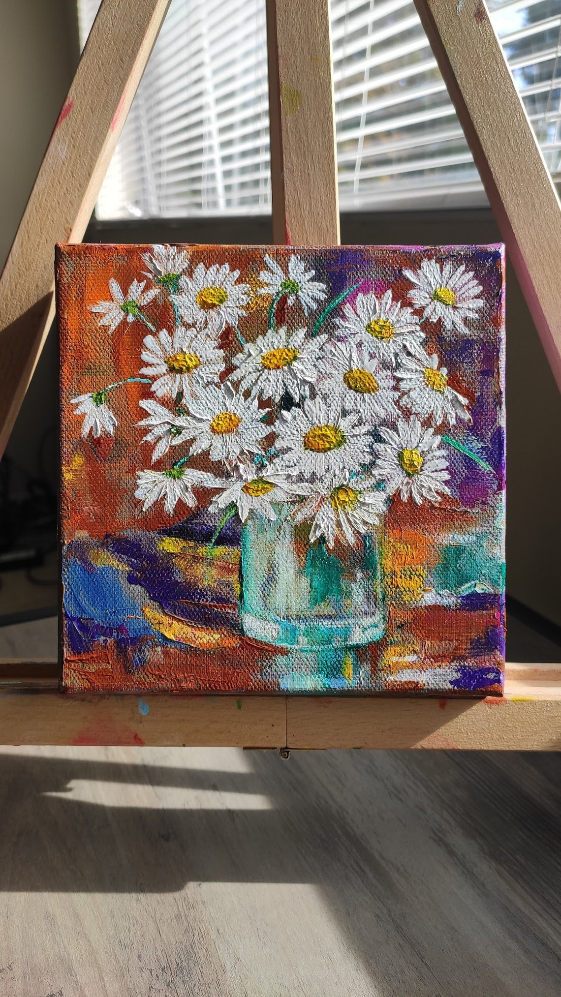 White Daisies Glass Vase Bouquet Colorful Floral Oil Painting Wall Art - Image 3
