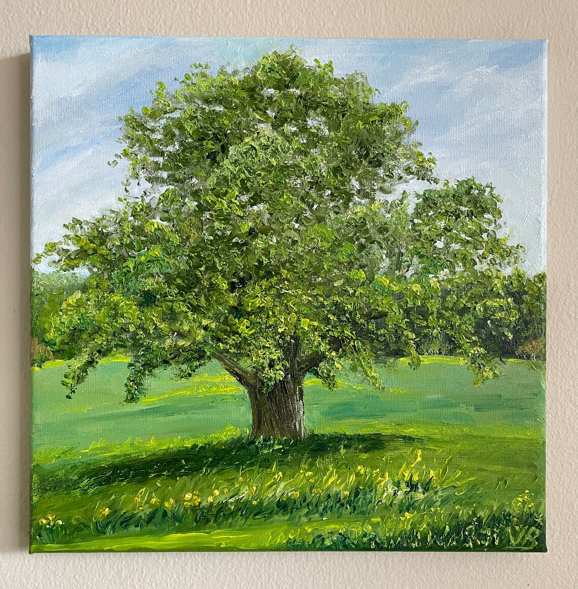 Majestic Oak Tree Sunny Park Meadow Green Landscape Oil Wall Art