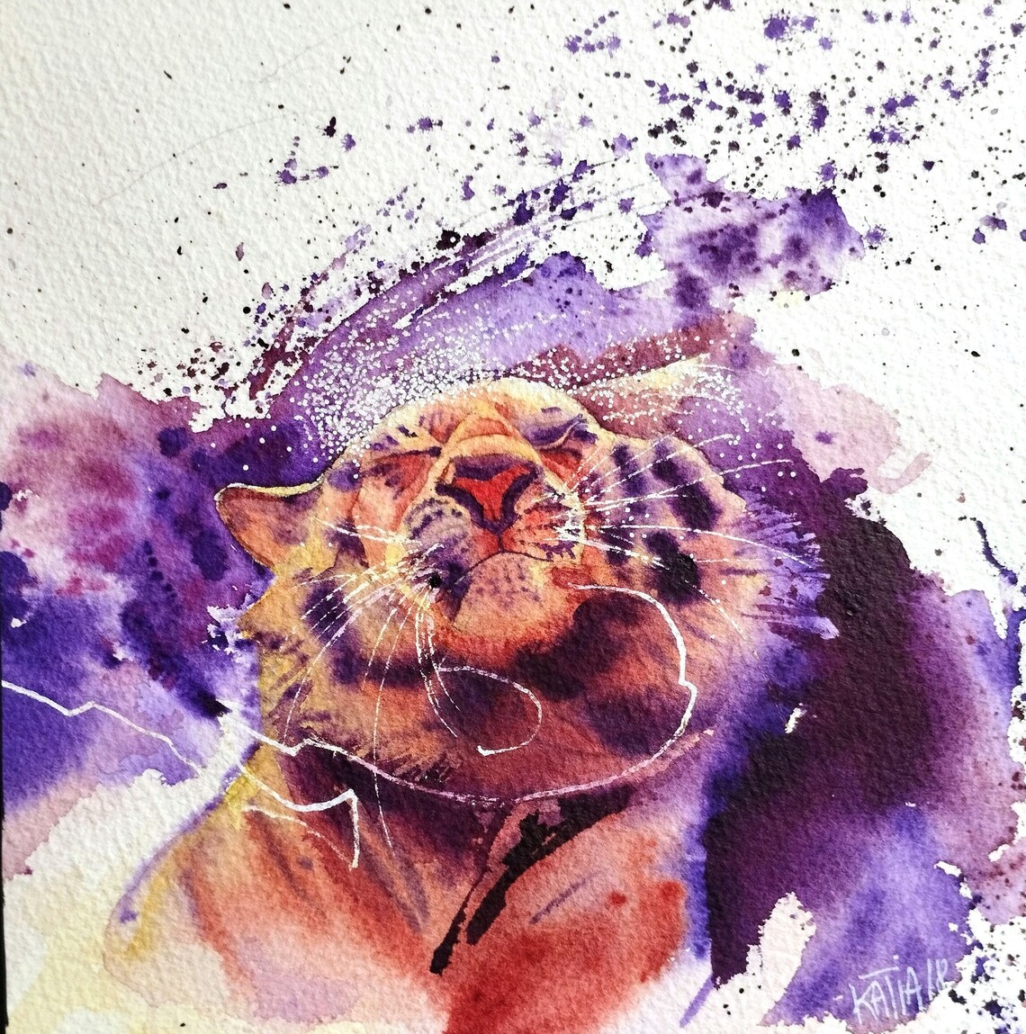 Tiger Face in Purple Splash Abstract Bold Watercolor Big Cat Art Poster