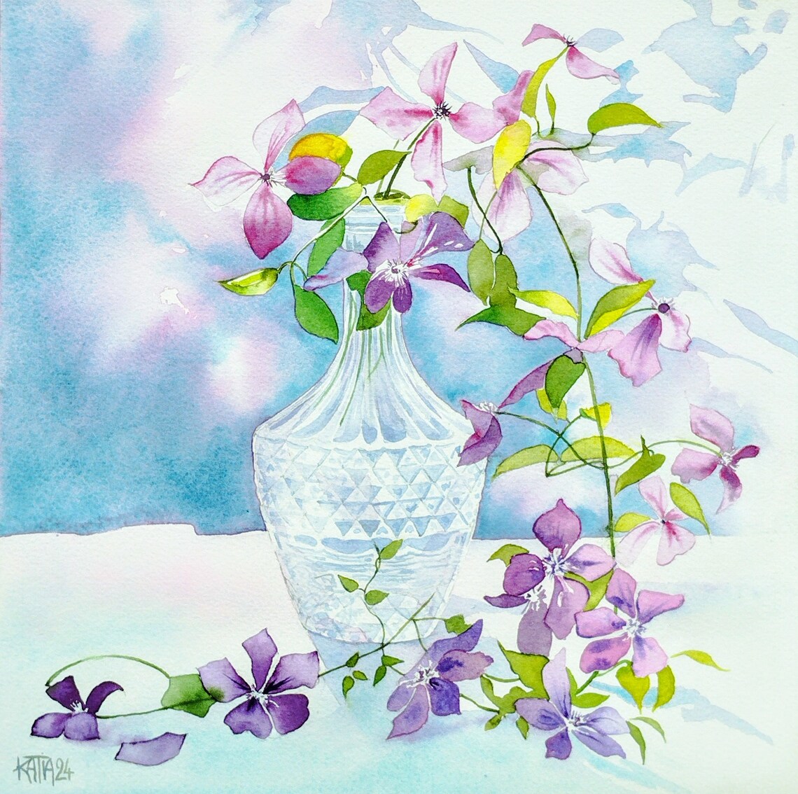 Bright Painting Of Clematis Flowers From The Garden Purple And Pink Original Watercolor Bouquet In A Crystal Vase Handmade Wall Art
