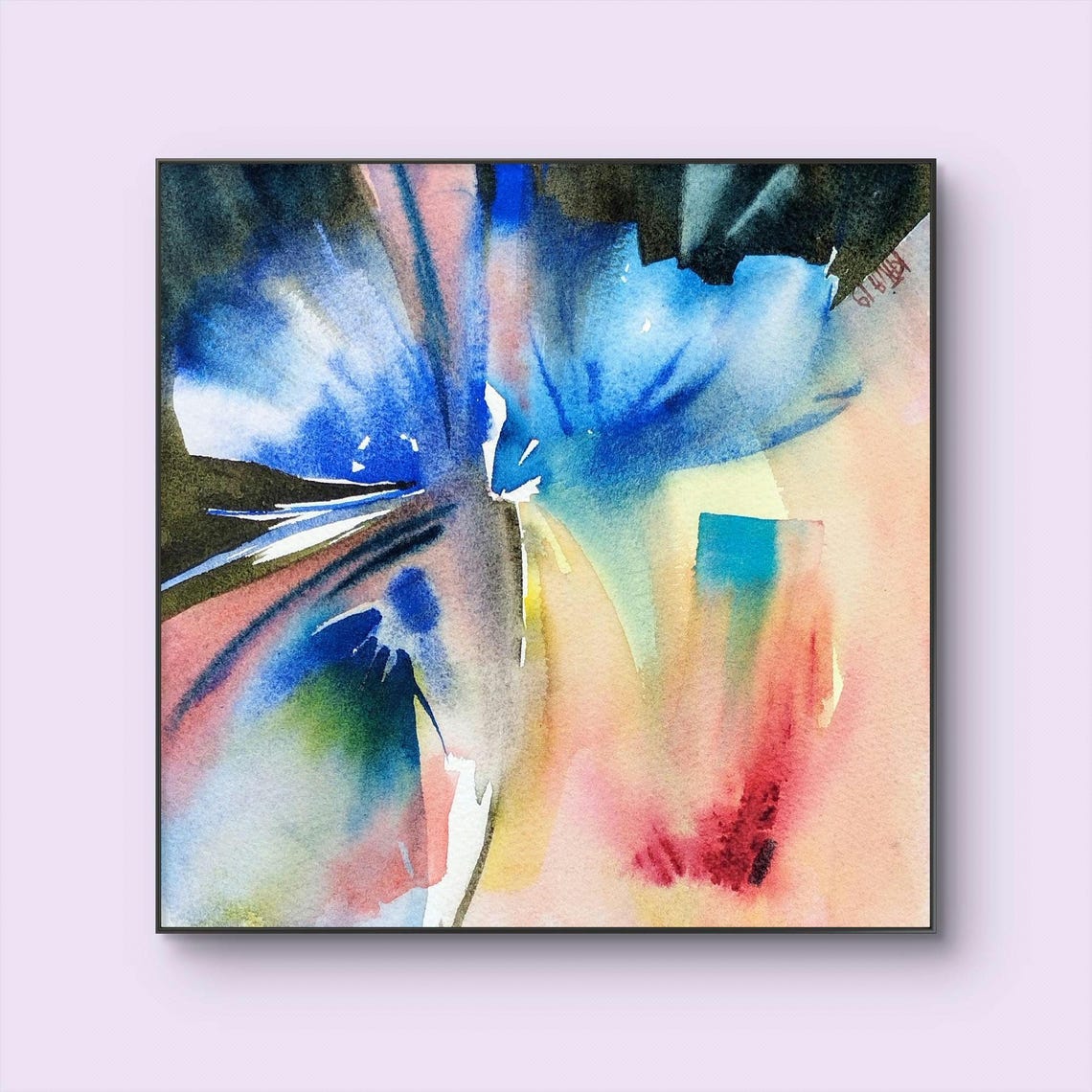 Blue and Pink Abstract Watercolor with Dark Dramatic Accents Poster