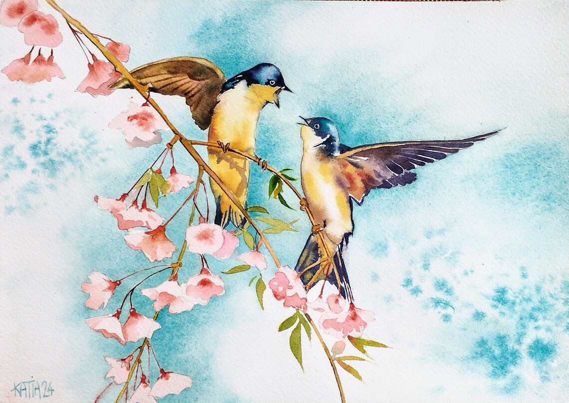 Couple Of Swallows In Japanese Cherry Blossoms Original Watercolor Painting Birds Love Animal Wall Art Handmade