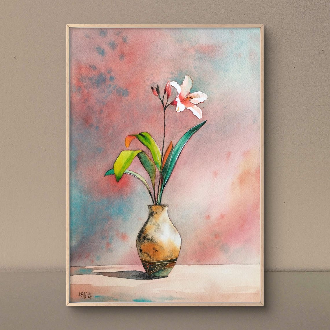 Single Orchid Flower in a Ceramic Vase Minimalist Watercolor Poster