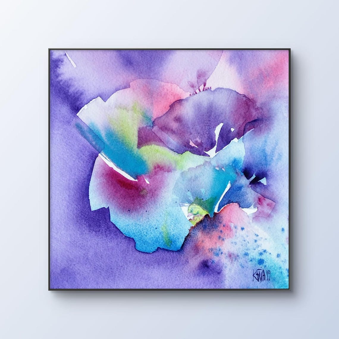 Purple and Teal Abstract Watercolor Swirls with Gold Flecks Poster