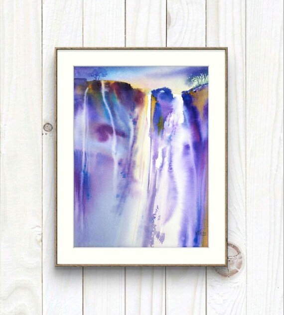 Abstract Waterfall Painting Waterfall Nature Original Watercolor Mountain Waterfall Landscape Wall Art Handmade Decoration