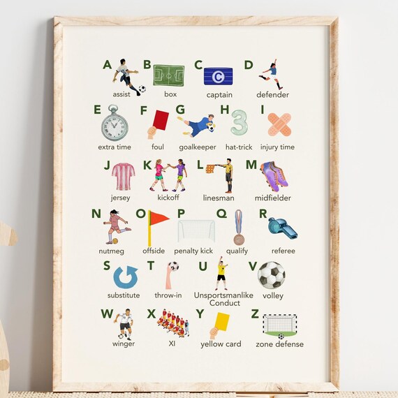Soccer Alphabet A to Z Kids Room Learning Poster Football Terms Decor