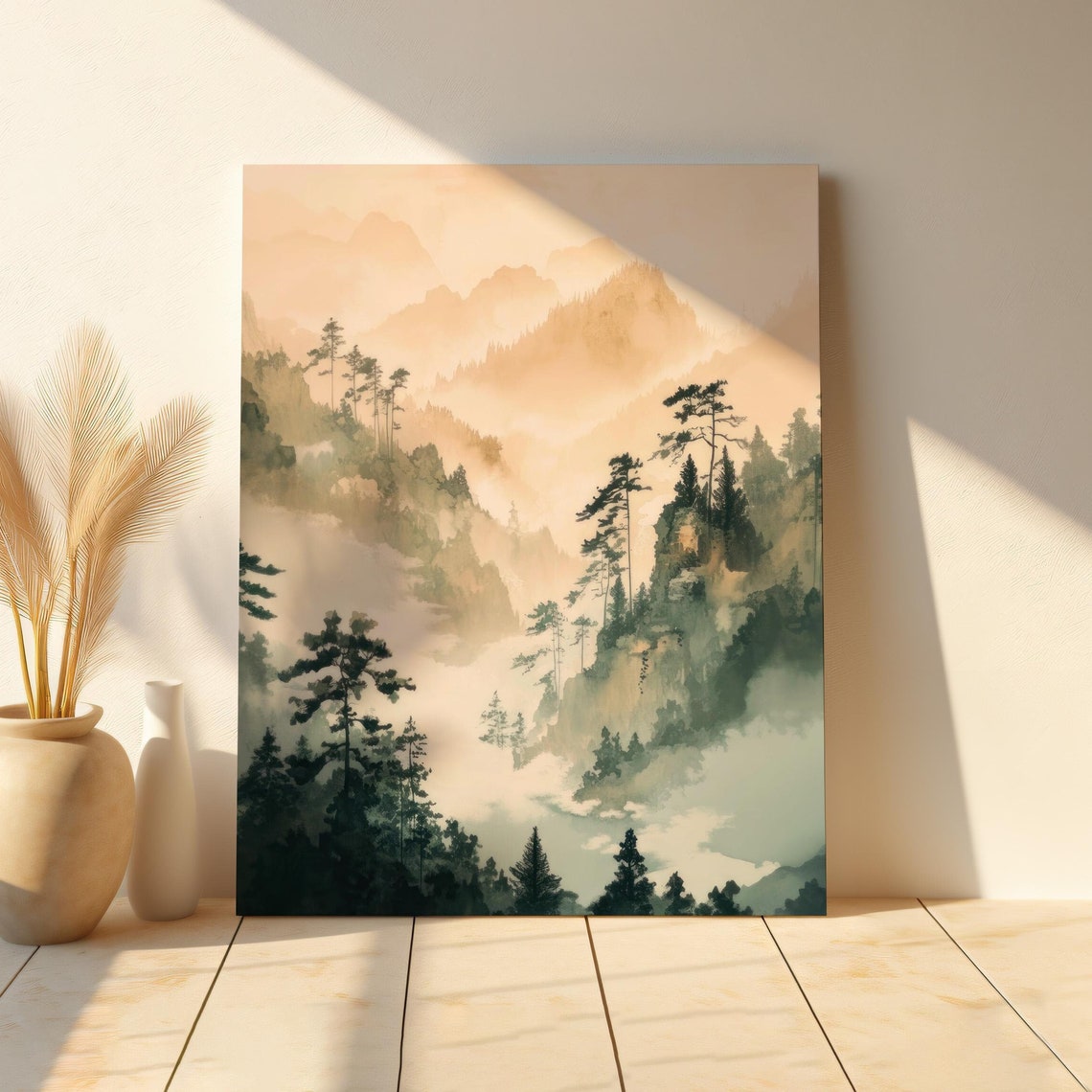 Misty Peach Mountains with Pines Watercolor Landscape Art Print - Image 2