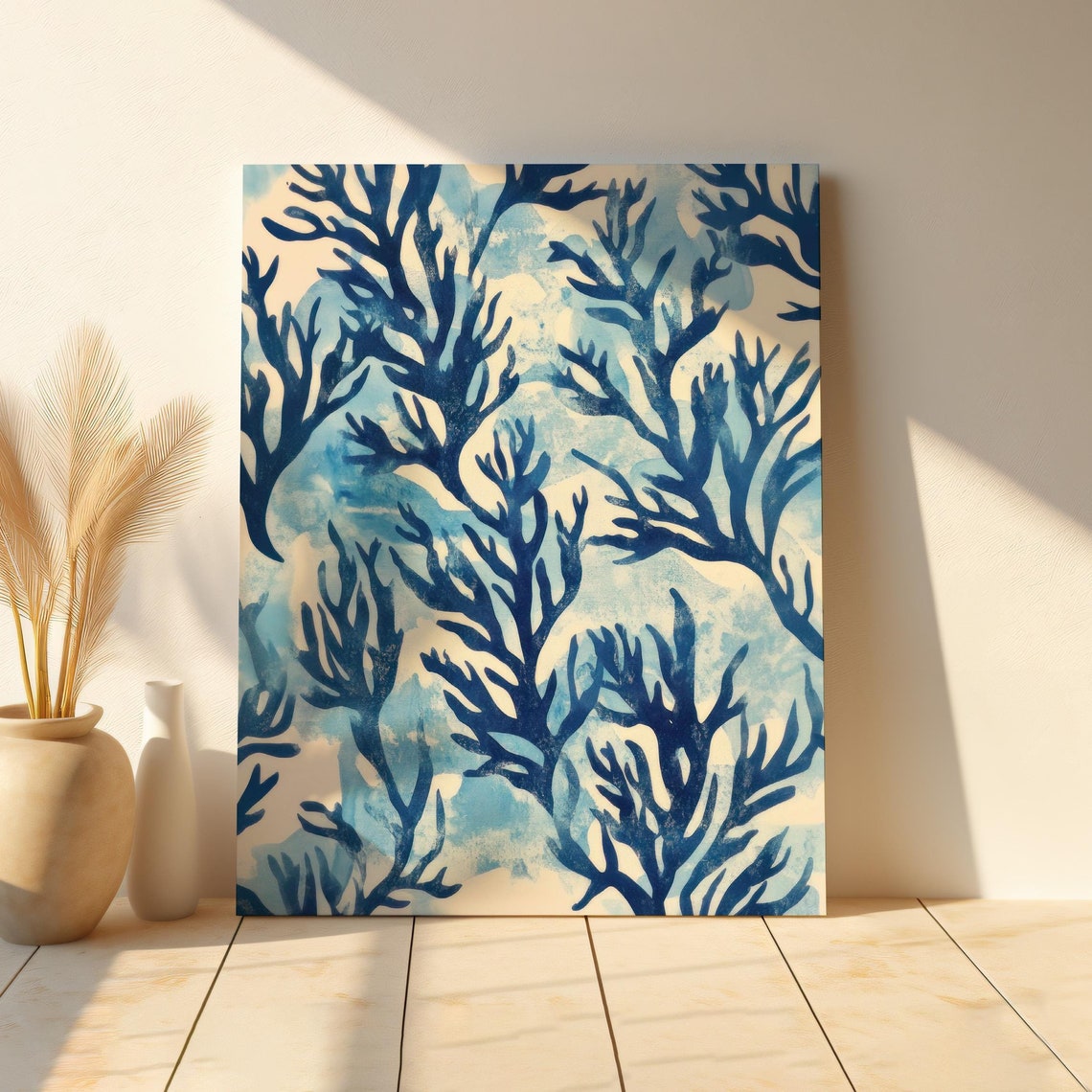 Blue Coral Branches Watercolor Seaweed Abstract Square Art Print