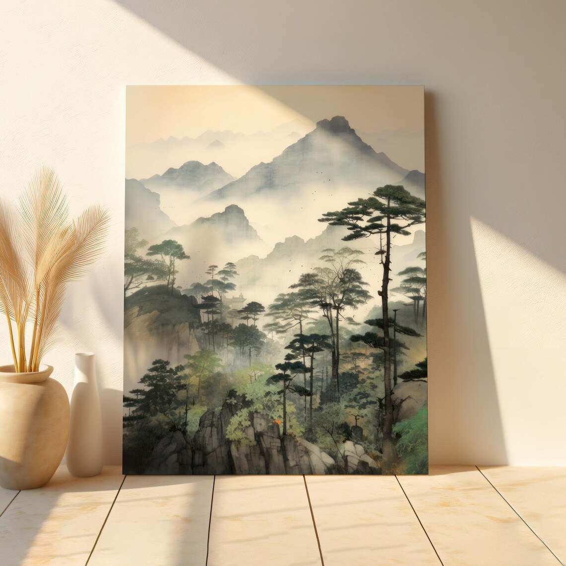 Misty Mountain Pines Chinese Ink Wash Landscape Painting Art Print - Image 2