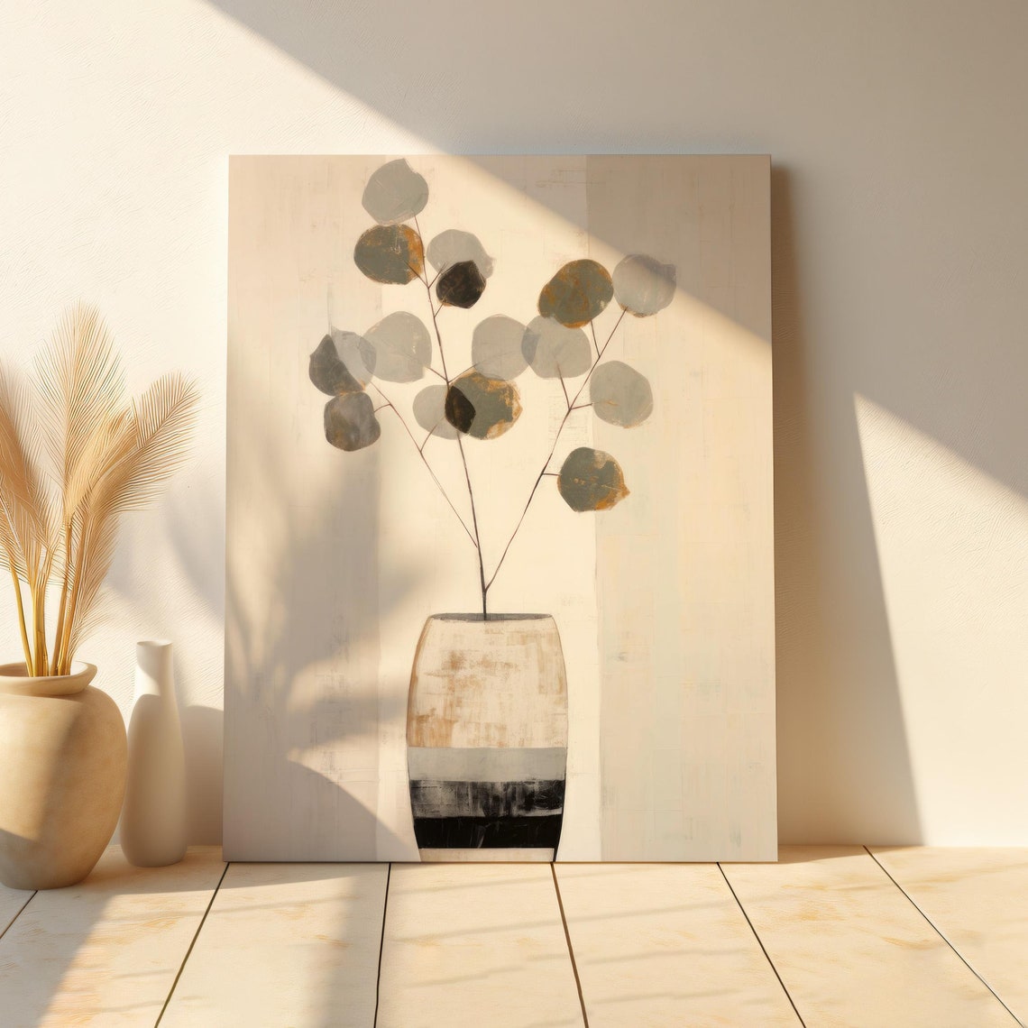 Eucalyptus Stems Striped Ceramic Pot Minimalist Neutral Wall Art - Image 3