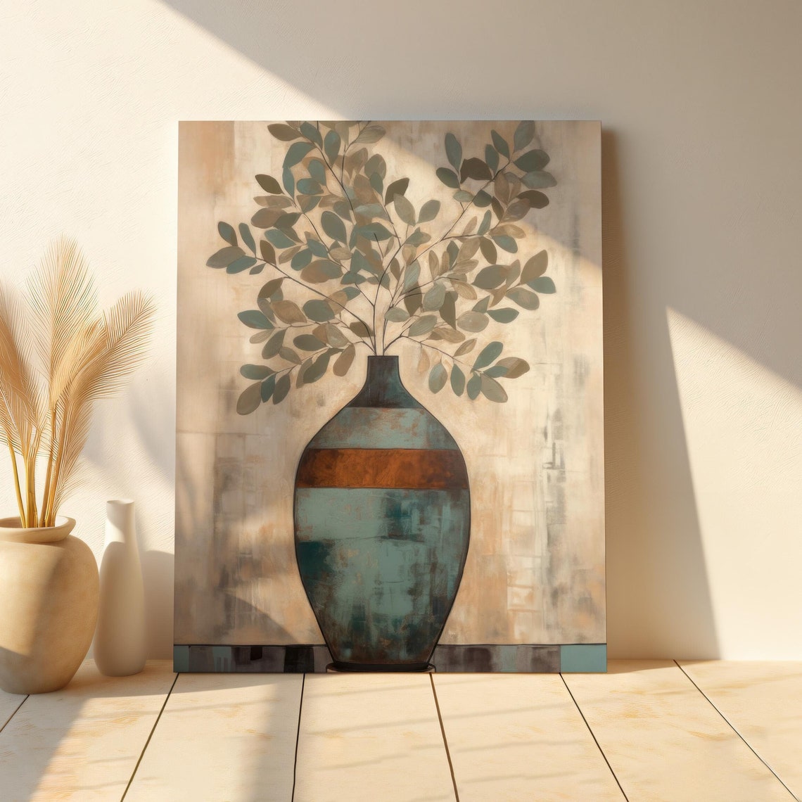 Blue Ceramic Vase Sage Foliage Minimalist Modern Botanical Wall Art - Image 3