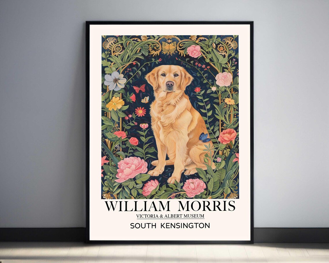 William Morris Golden Retriever In Lush Flower Garden Poster