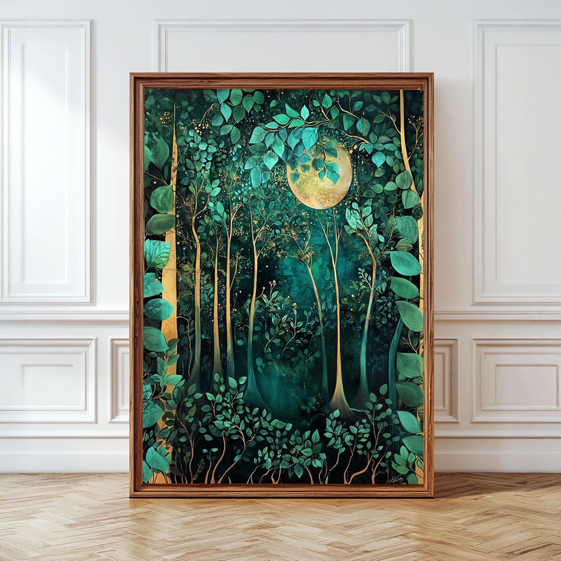 Emerald Forest With Golden Moon Mystical Woodland Night Poster