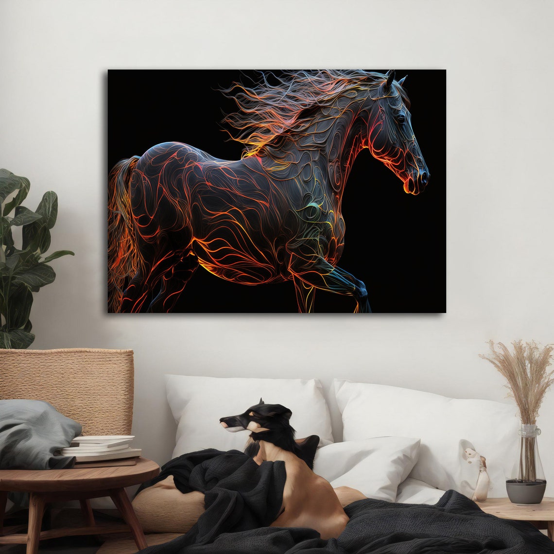 Black Horse Galloping Neon Orange Line Patterns Dark Background Poster - Image 2