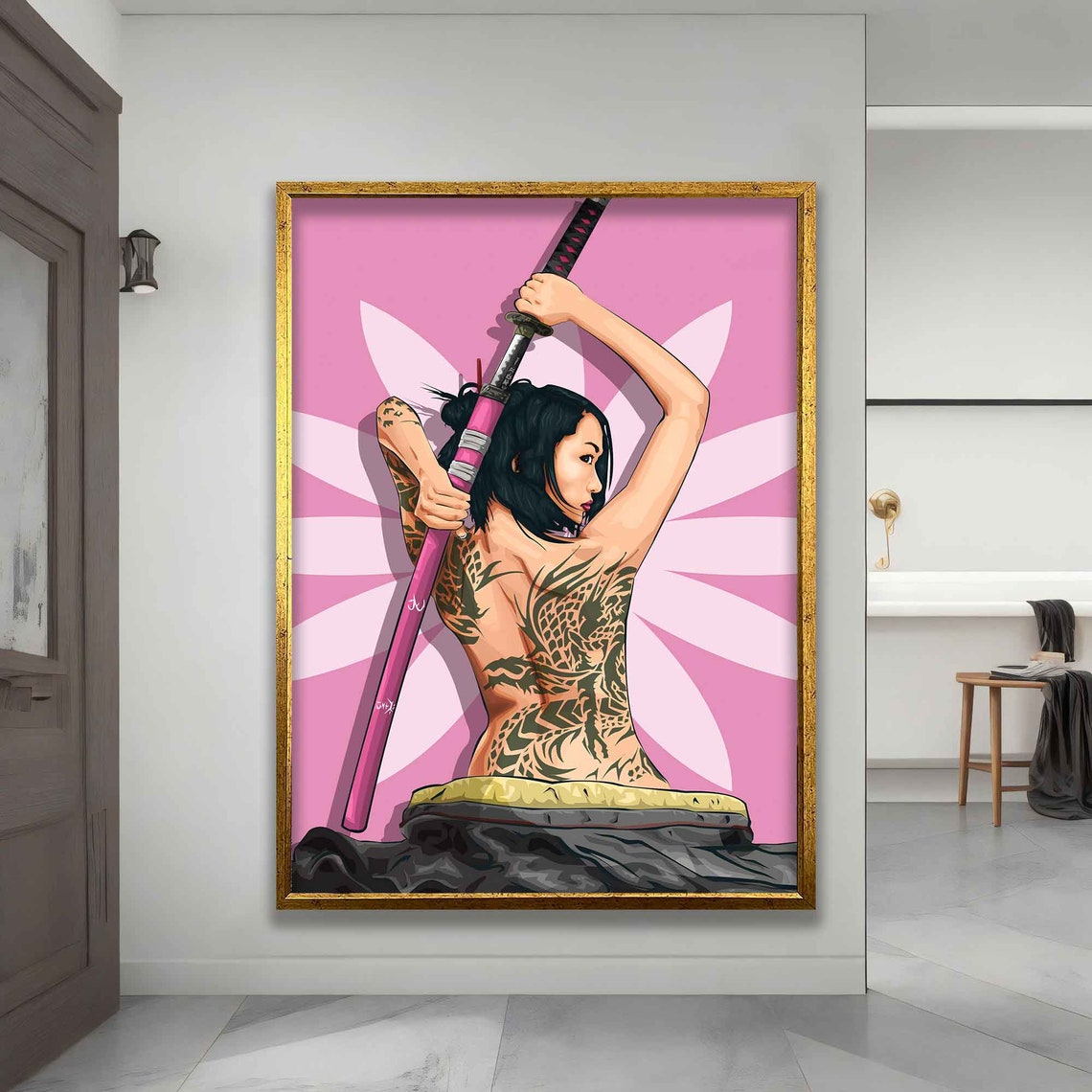Japanese Geisha Warrior with Katana Pink Pop Art Wall Poster - Image 3