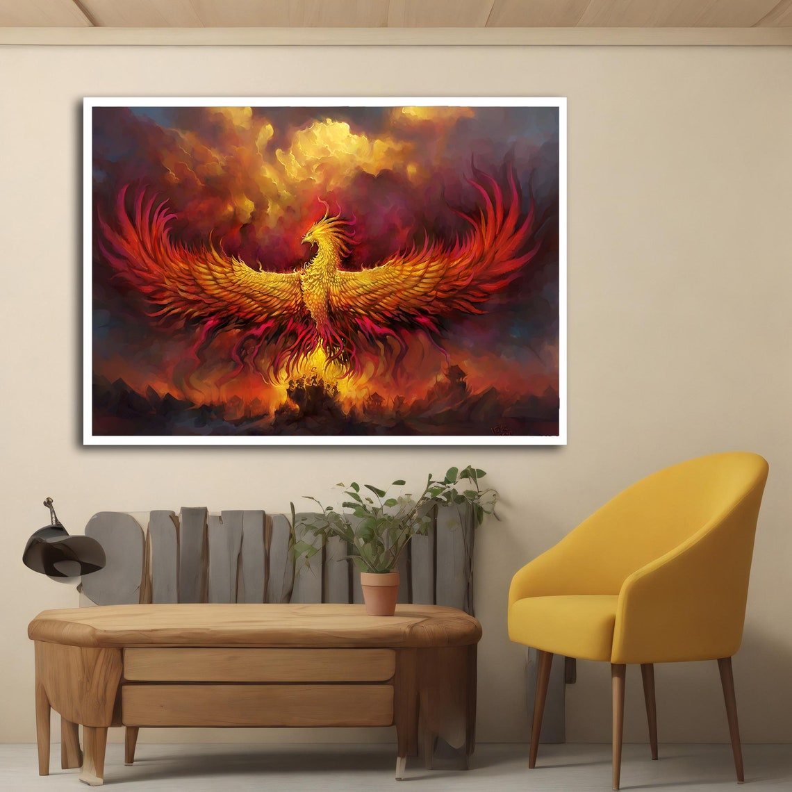 Golden Phoenix Rising Fiery Red Orange Storm Clouds Fantasy Poster - Image 5