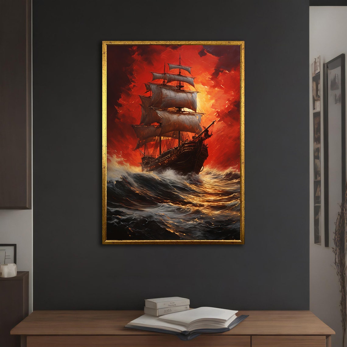 Dark Pirate Ship Fiery Red Storm Night Ocean Waves Art Poster - Image 5