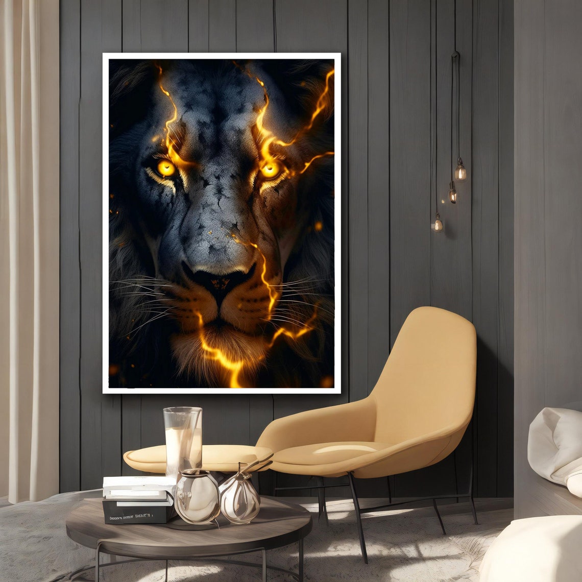 Black Lion Fire Face Golden Lightning Cracks Glowing Eyes Poster - Image 2