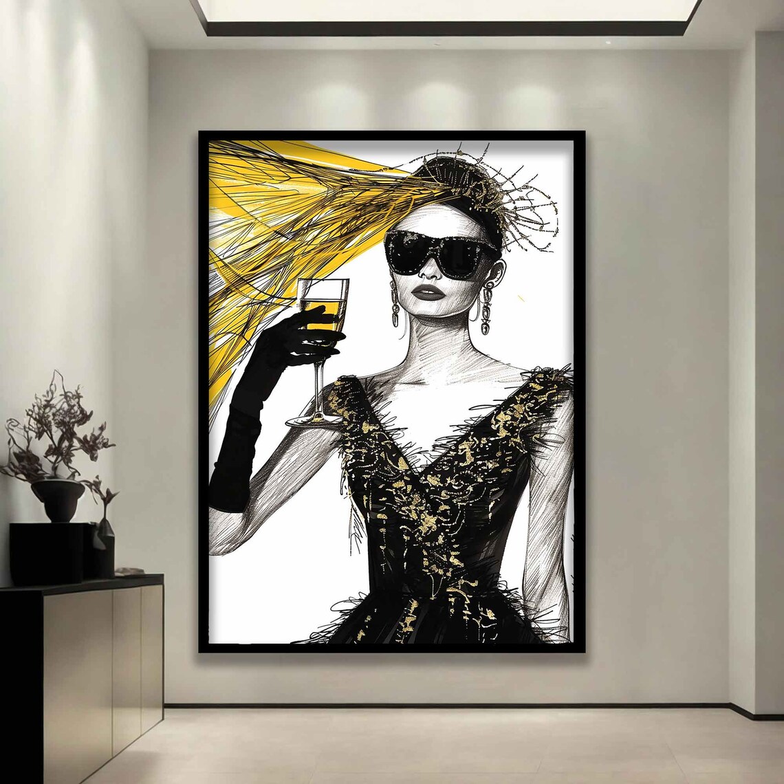 Fashion Sketch Woman Champagne Glamorous Black Gold Elegant Art Poster