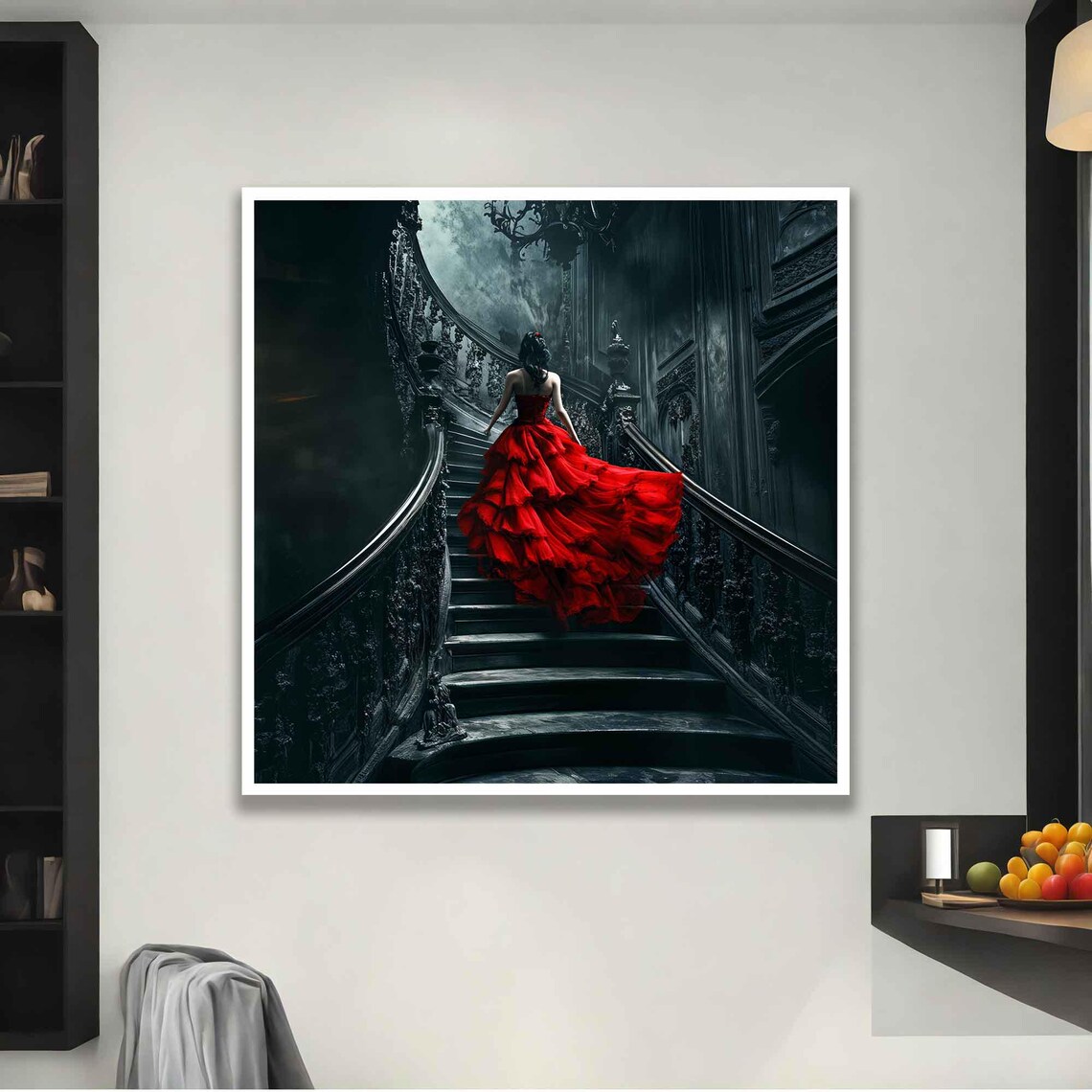 Woman in Red Dress on Gothic Staircase Painting Dramatic Dark Wall Poster - Image 2