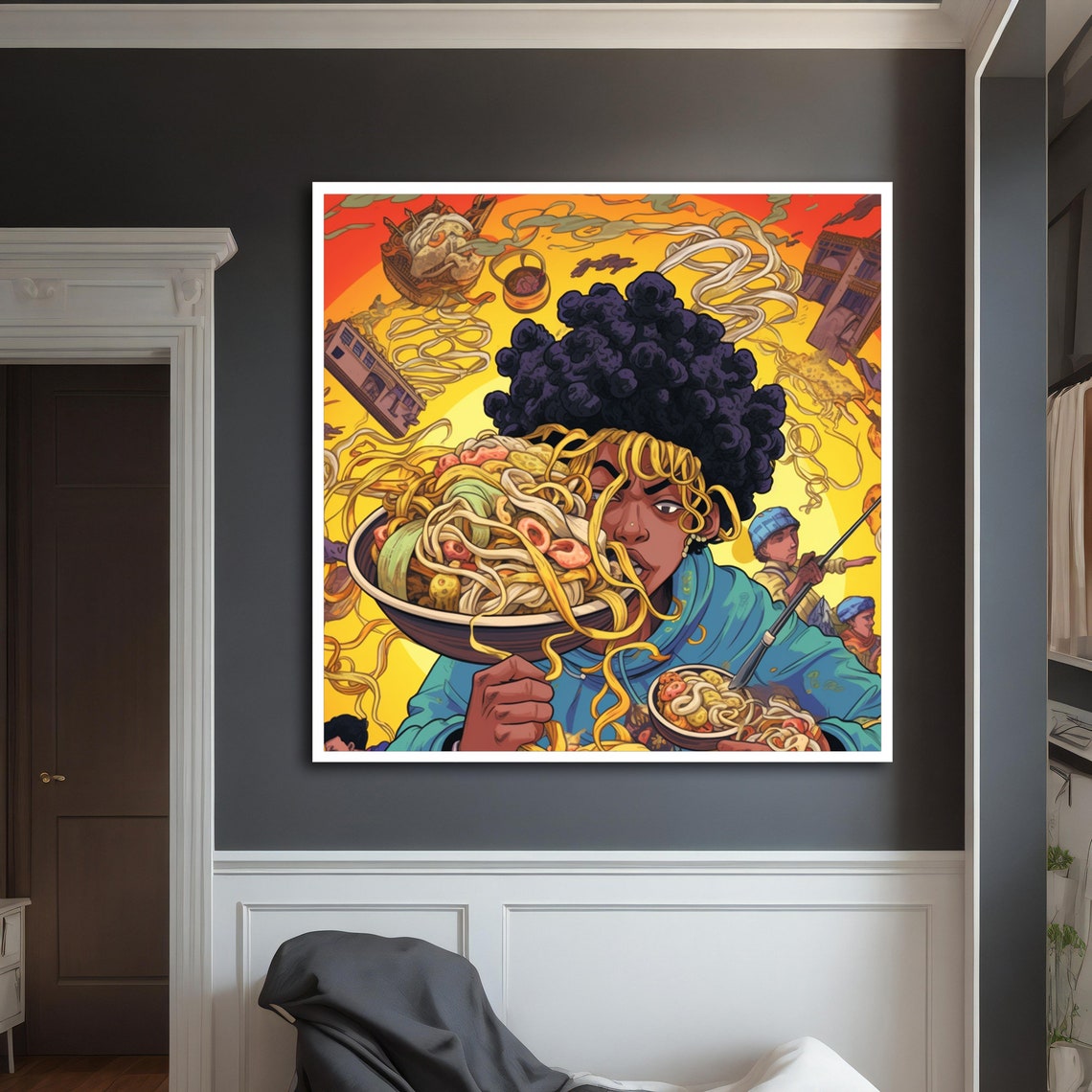 Woman With Big Afro Eating Noodle Bowl Psychedelic Orange Art Poster - Image 3