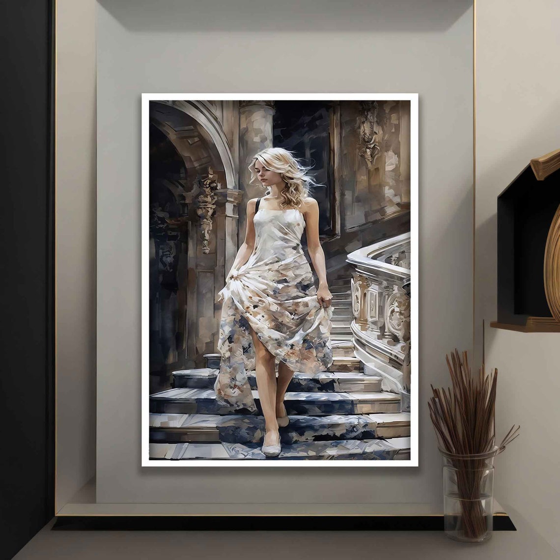 Beautiful Girl Coming Down The Stairs Painting Beautiful Woman Poster Woman In A White Dress Print - Image 4