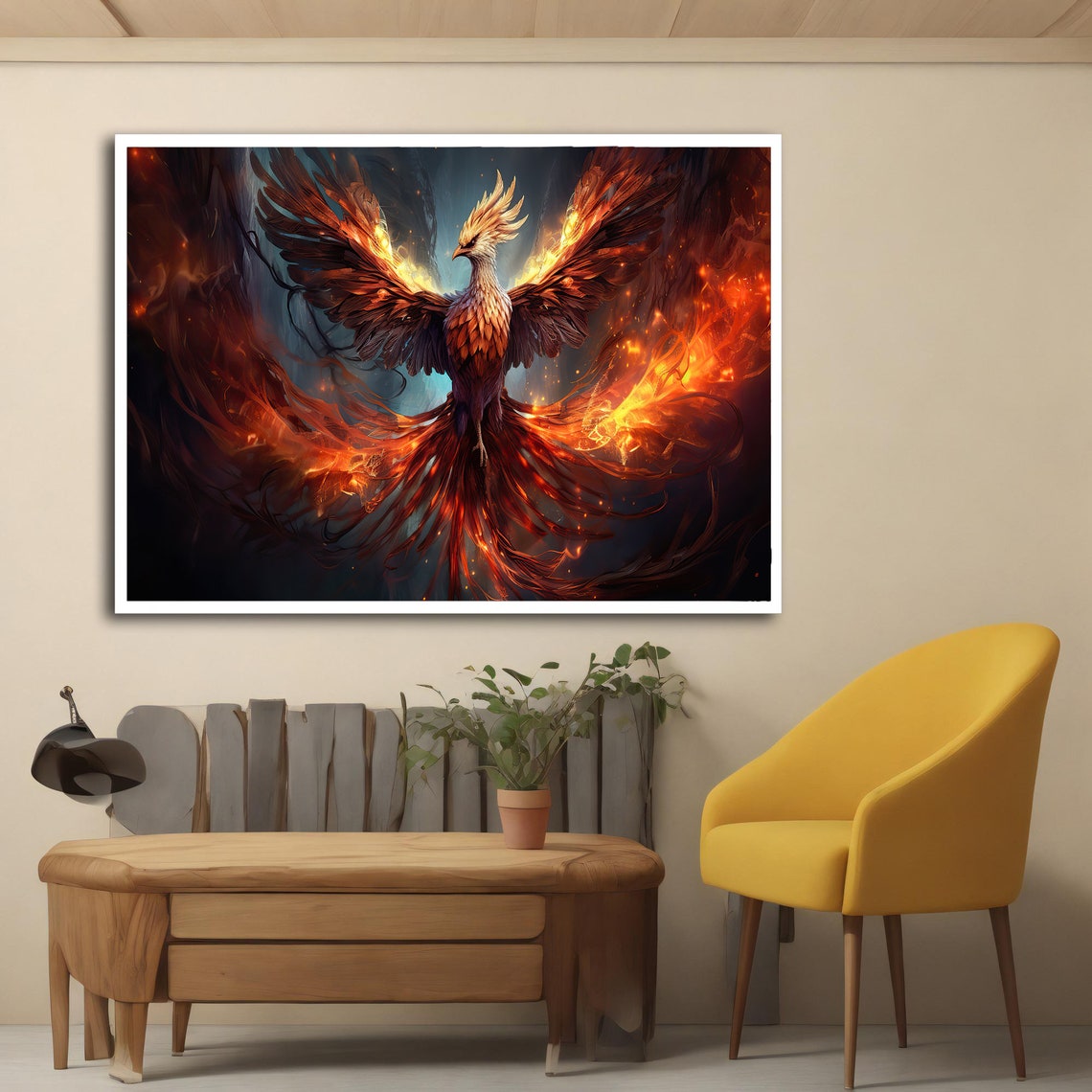 Fiery Phoenix Rising Bold Flame Wings Dark Sky Fantasy Art Poster - Image 4
