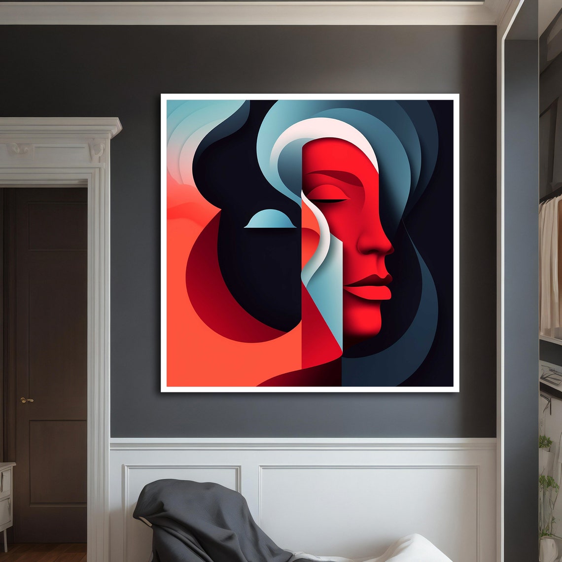 Abstract Red Black Faces Minimalist Curves Modern Portrait Art Poster - Image 2