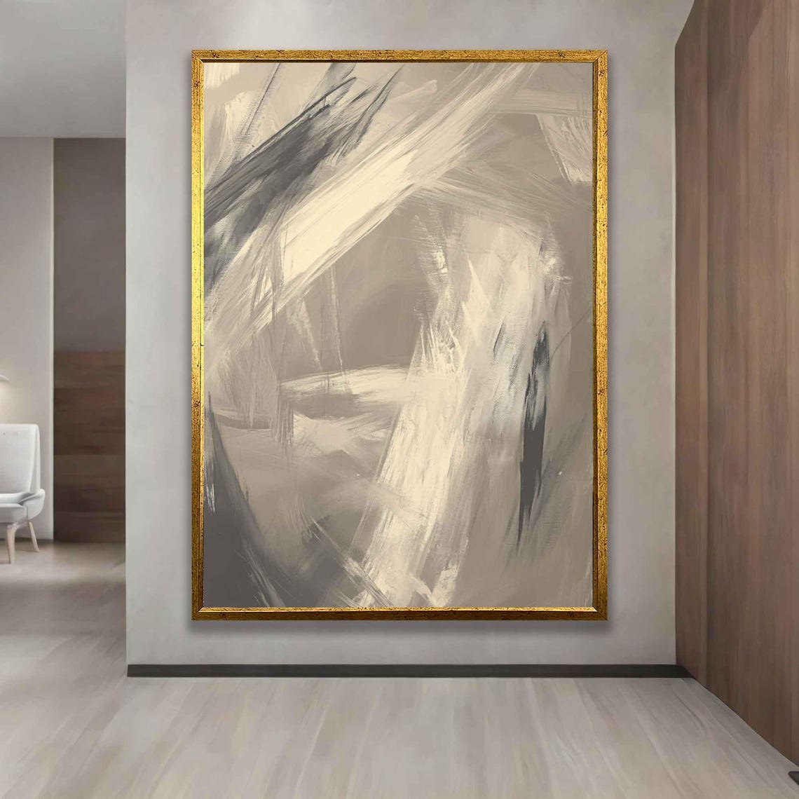 Gold Beige Abstract Brushstroke Painting Modern Neutral Wall Art - Image 3