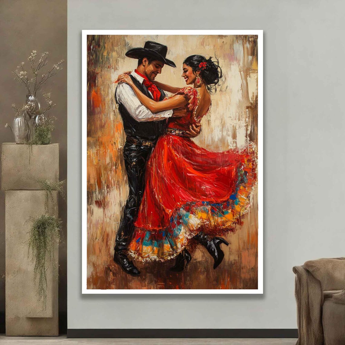 Passionate Tango Couple Cowboy Hat Red Dress Romantic Dance Art Wall Art - Image 3