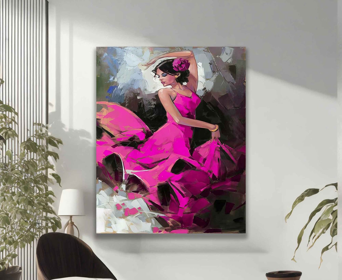 Flamenco Dancing Woman In Pink Dress Painting Dancer Girl Art Salsa Woman Poster Ballerina - Image 2