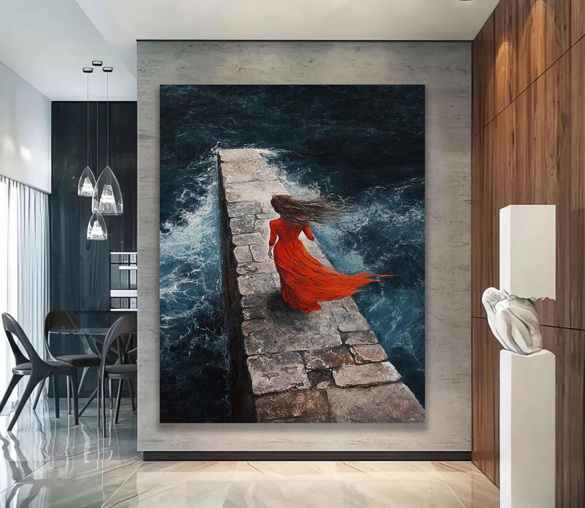 Woman With Red Dress Wall Decor Surreal Blonde Girl Poster Seascape Art Girl In Red Dress Print Beautiful Woman Home Decor