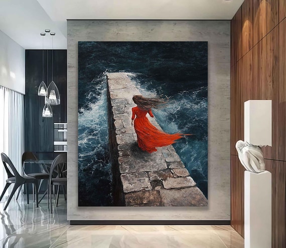 Woman Red Dress Walking Stone Pier Stormy Sea Windy Painting Poster