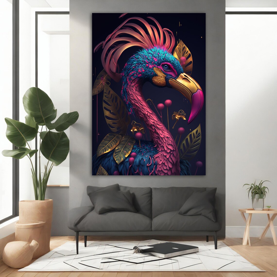 Colorful Flamingo Portrait Pink Teal Gold Feather Dark Navy Poster - Image 3