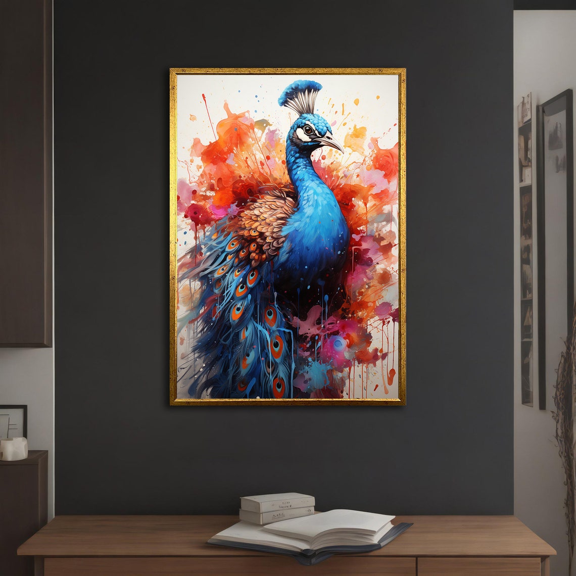 Blue Peacock Portrait Watercolor Splash Eye Feather Art Poster - Image 3