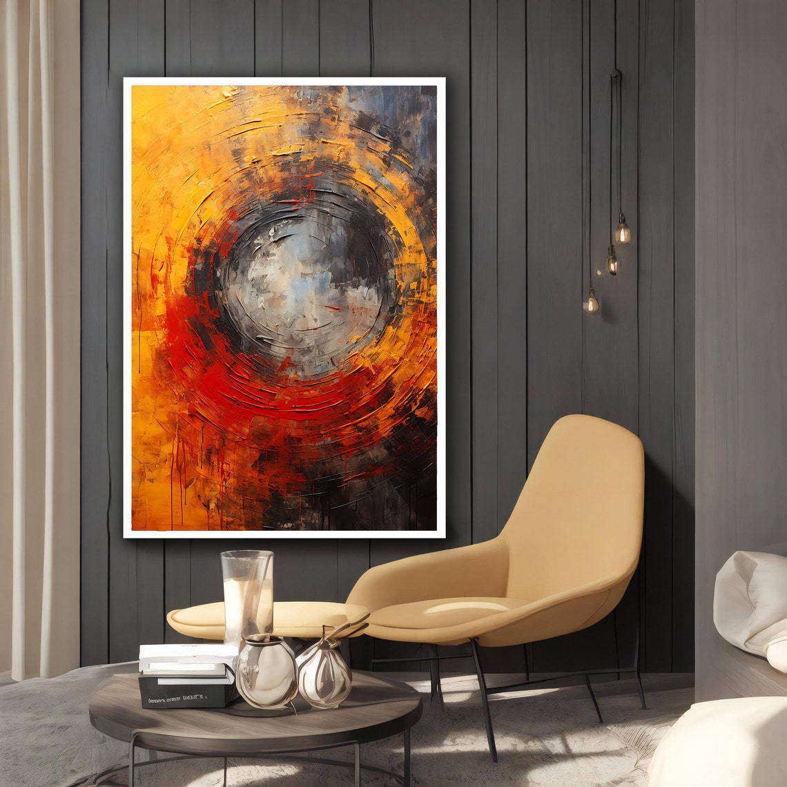 Fiery Abstract Swirl Circle Yellow Orange Red Textured Wall Art - Image 2