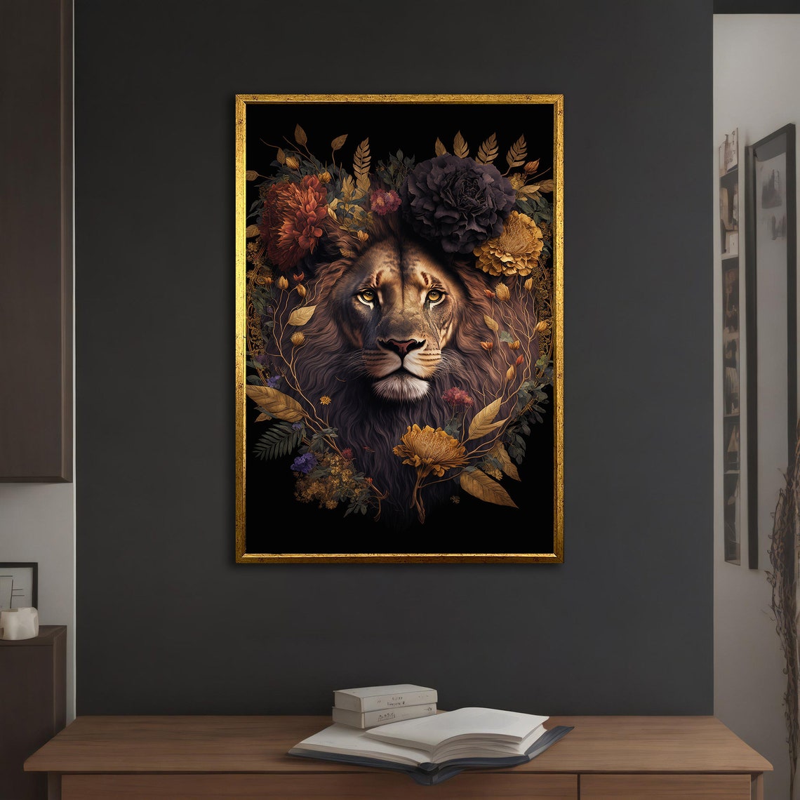 Lion Face Surrounded By Dark Floral Bloom Crown Burgundy Poster - Image 2