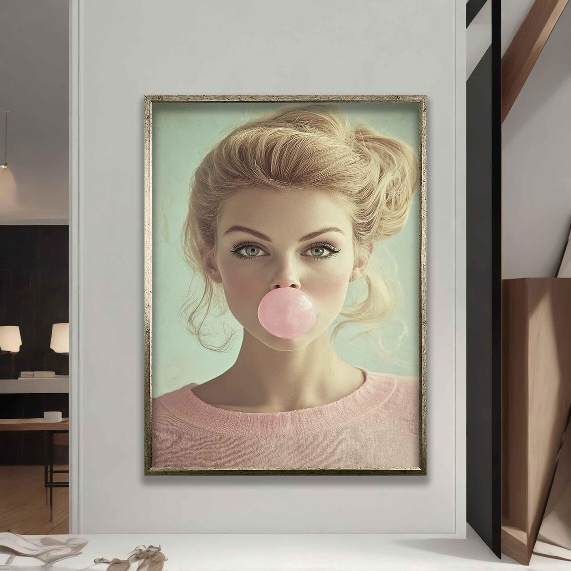 Blonde Woman Blowing Pink Bubble Gum Retro Pop Art Portrait Poster - Image 5