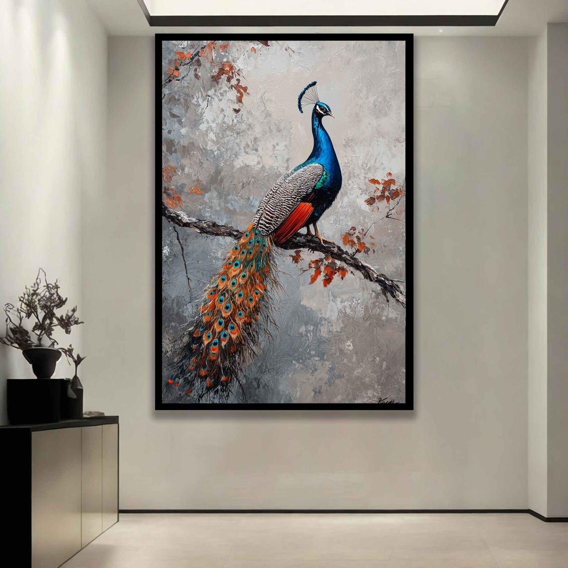 Colorful Peacock Perched On Branch Vibrant Tail Feather Art Poster - Image 3