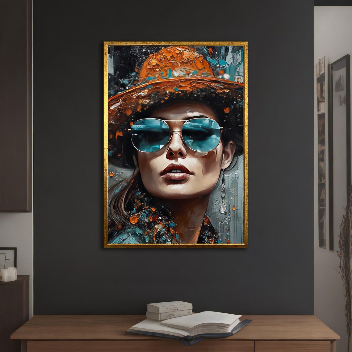 Woman with Sunglasses Hat Orange Blue Splash Portrait Art Poster - Image 4