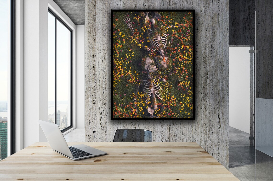 Skeleton Couple in Flower Garden, Surreal Art Print - Image 2