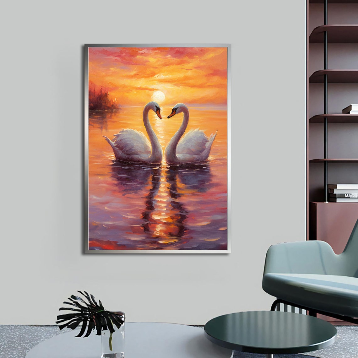 White Swans Heart Shape Sunset Lake Romantic Painting Wall Art Poster - Image 4