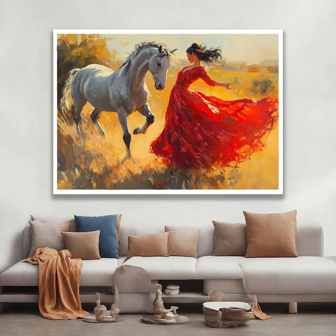 Woman Red Dress Dancing Grey Horse Golden Autumn Field Painting Poster - Image 5