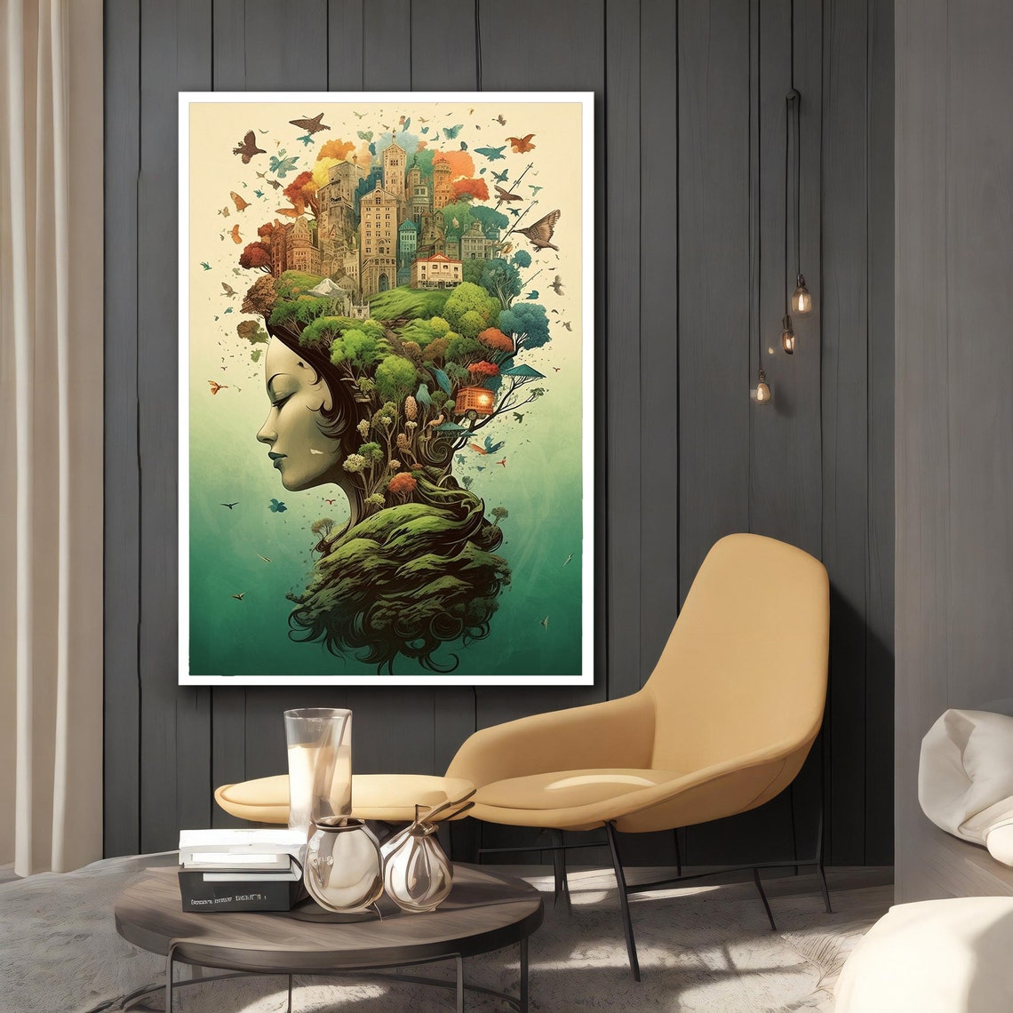 Surreal Woman Profile Cityscape Hair Trees Birds Dream Art Poster - Image 2