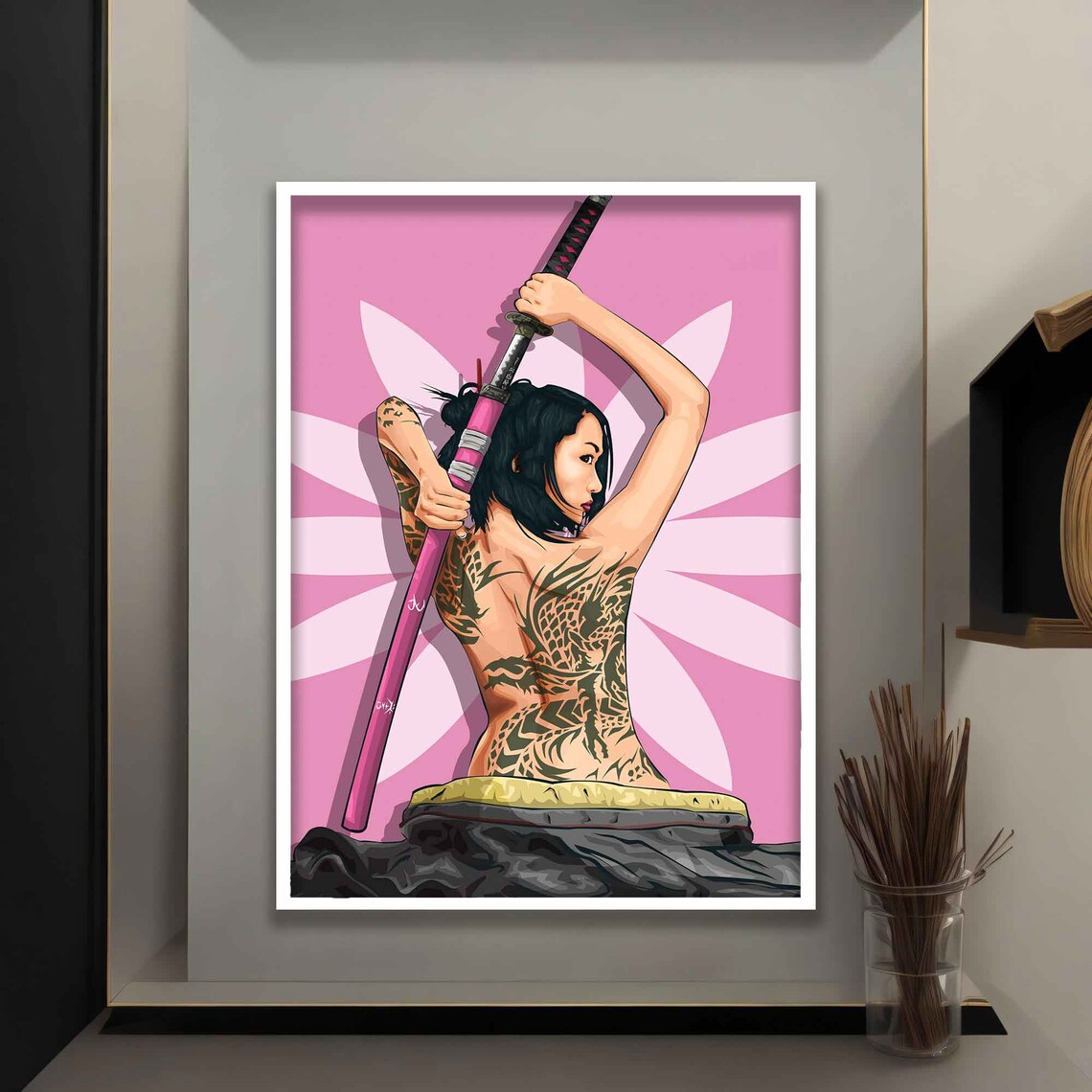 Japanese Geisha Warrior with Katana Pink Pop Art Wall Poster - Image 4