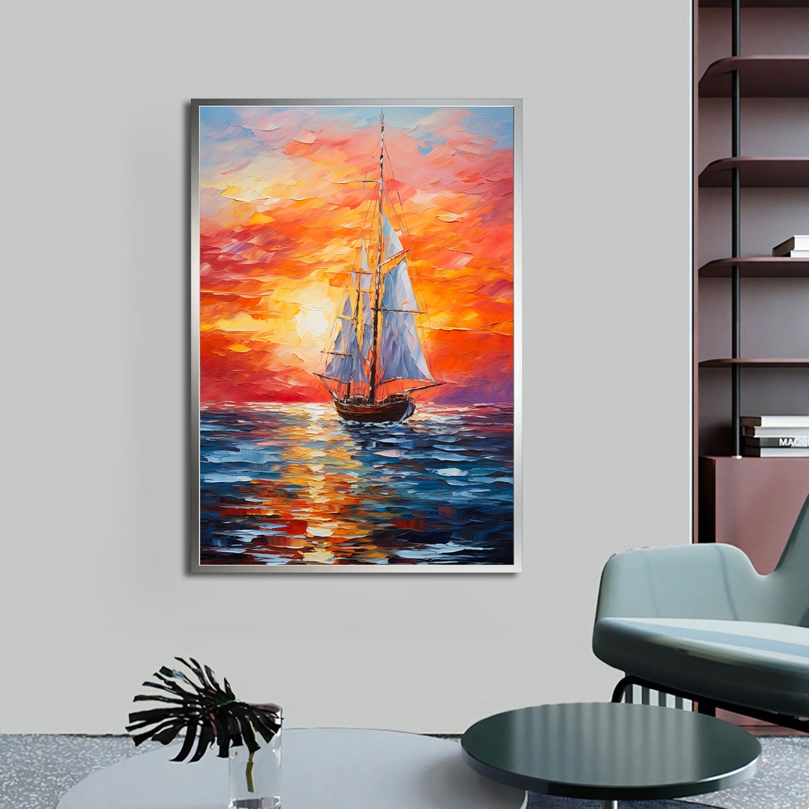 White Sailboat Blazing Orange Sunset Sky Ocean Waves Oil Art Poster - Image 4