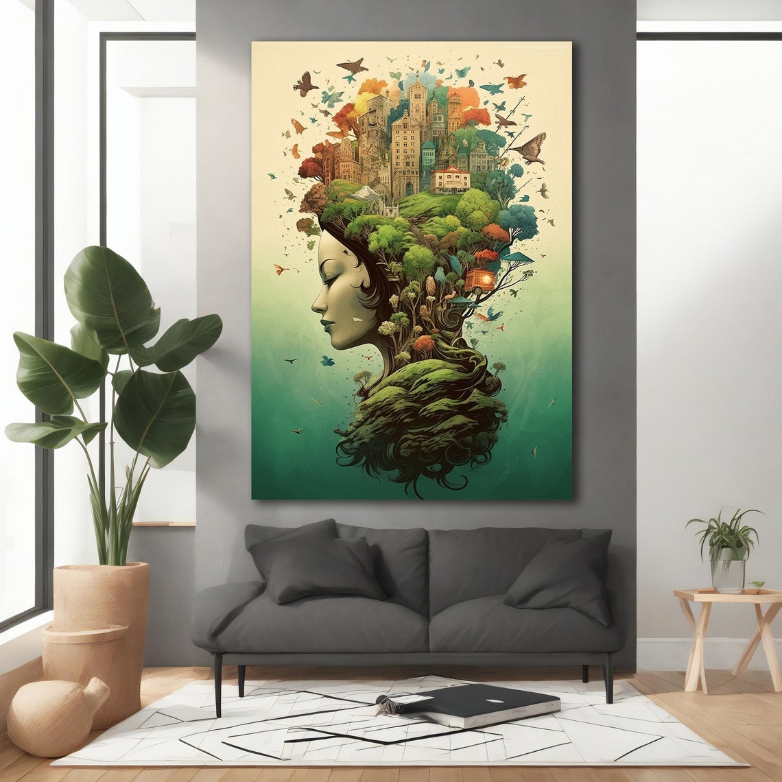 Surreal Woman Profile Cityscape Hair Trees Birds Dream Art Poster - Image 3