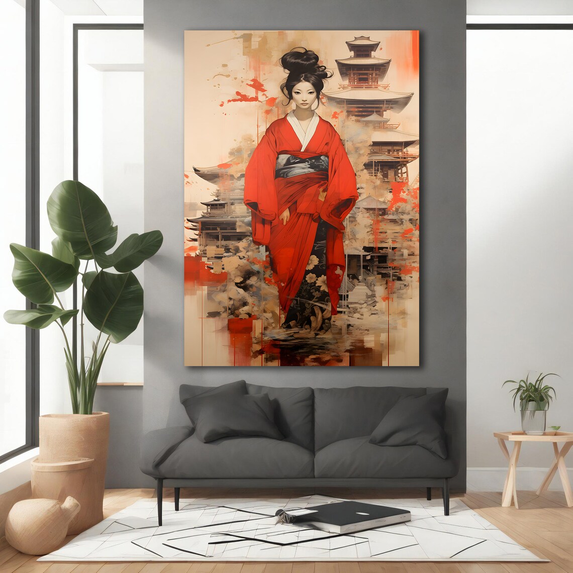 Japanese Geisha Red Kimono Pagoda Watercolor Traditional Art Poster - Image 3
