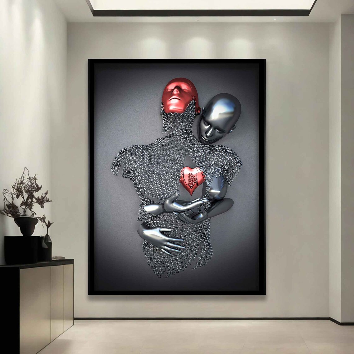 Red Heart Love Two Figures Chainmail Sculpture Couple Embrace Poster